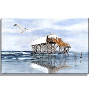 Leinwand 40 x 30 cm Keilrahmen Canvas-Leinen  Aquarell Maritim Kunst Druck Kunstdruck Nordsee St. Peter Ording SPO Westerhever Pfahlbau Pfahlbauten Meer Strand